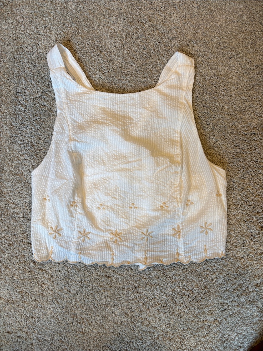 Free People White Seersucker Crop Tank Top Tie-Back Embroidered Floral XS
